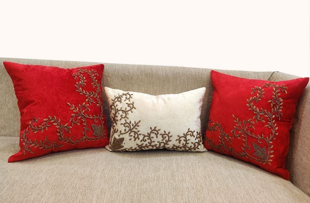 Red Maroon Cream Set of 3 Ethnic Beaded Embroidered Square Cushion Covers Combo for Sofa Home Bedroom - Ethnic Shoes | Buy online on ZillyBuy