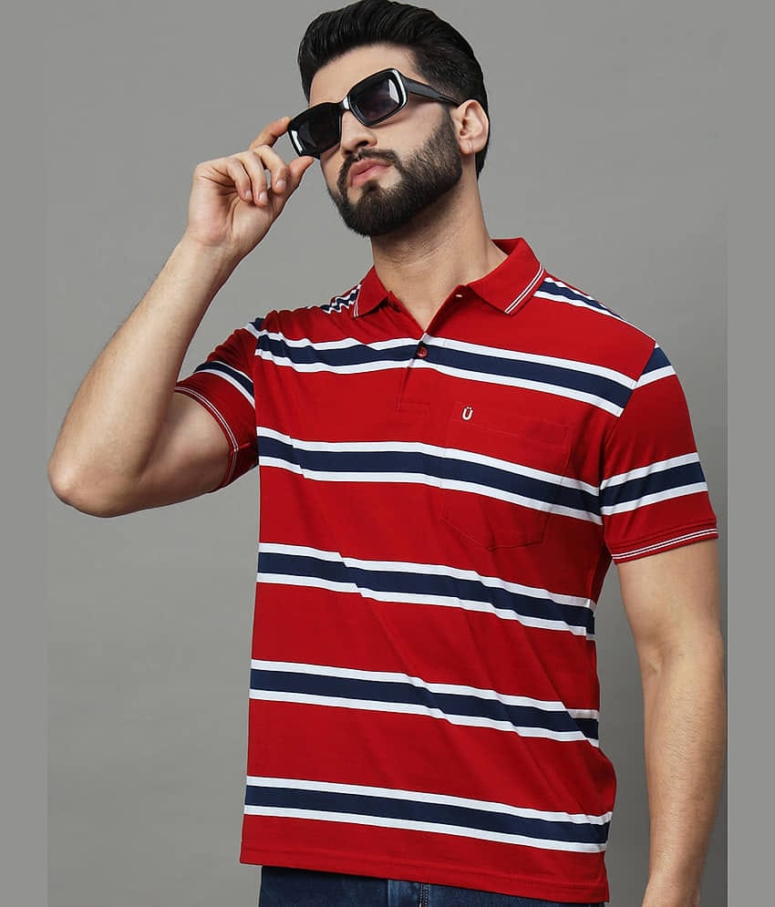 UNIBERRY Pack of 1 Cotton Blend Regular Fit Striped Half Sleeves Men's Polo T Shirt ( Red )