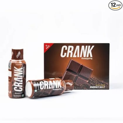 Crank Energy Shot  Chocolate Flavour (Pack of 12) | 130mg Caffeine + Taurine + B-Vitamins + Phenylalanine | Real Cane Sugar for Optimal Energy | Instant & Sustained Energy for Workouts, Work, Travel, Sports | Pocket Sized | 60ml Each