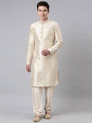 Cream Silk Gold Printed Kurta Set-Made To Measure / Only Kurta - No Lowers