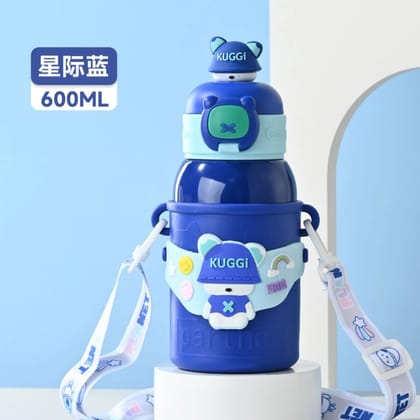 Little Station Kuggi Stainless Steel Water Bottles, 500 ML Insulated Double Wall Water Bottle With Trendy Strap Perfect For School (Blue)