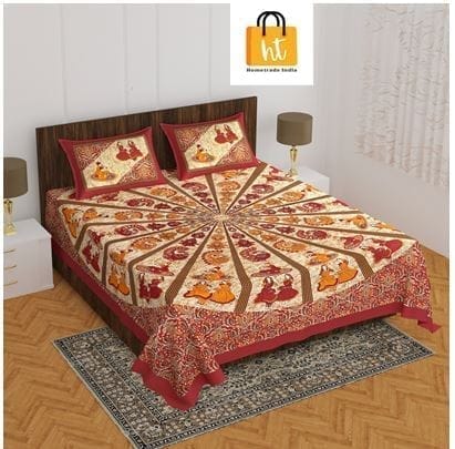 The Bedsheet Adda Standard Queen Size Pure Cotton Jaipuri Printed Economic Double Bedsheet with Two Pillow Covers- ARTICLE-1017