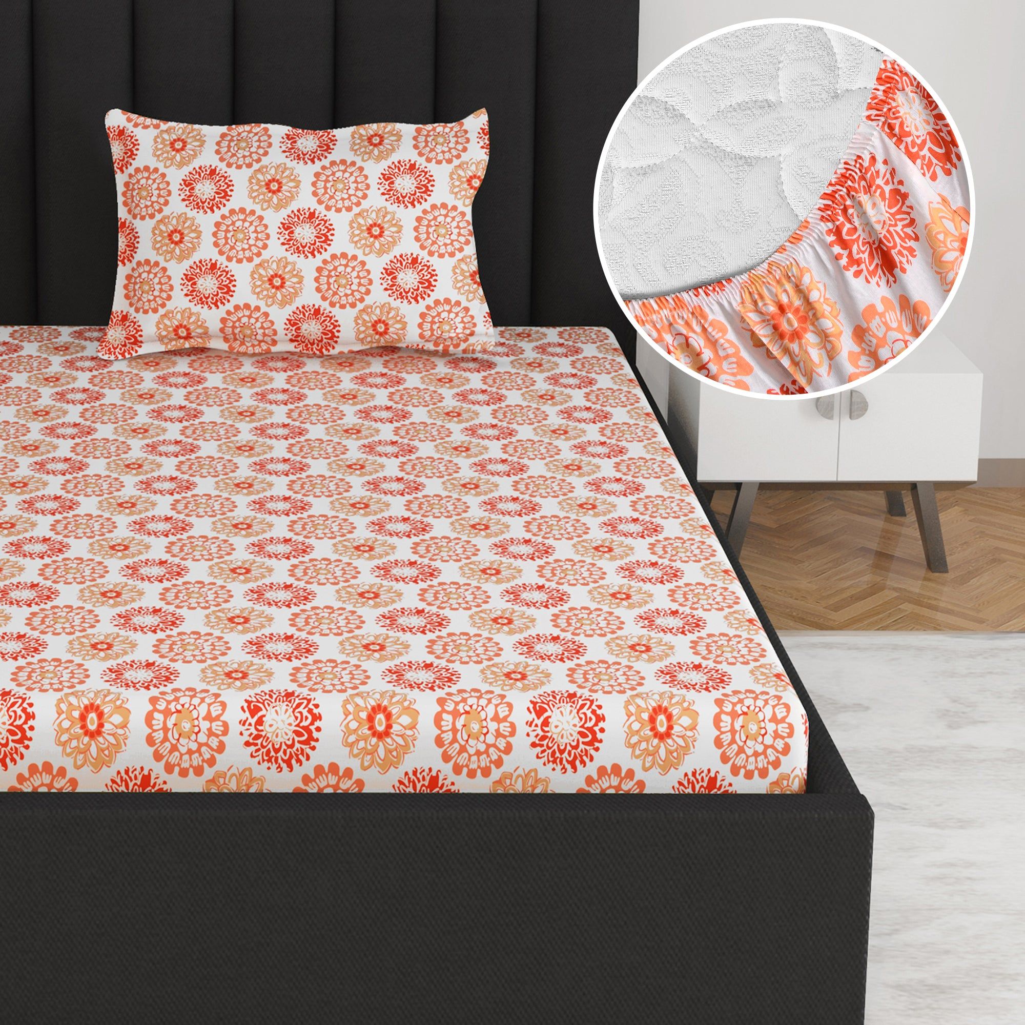 Summer Dahlia Floral Printed Elastic Fitted Bedsheet For Single Bed-Single / Peach / PR5007-FSB
