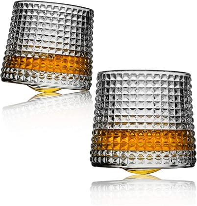 Diamond Dancing Whiskey Glass with Rotable Bottom- Spining Glasses Bar for Drinking Bourbon, Scotch, Cocktails, Cognac- Old Fashioned Tumblers [ Pack of 2]