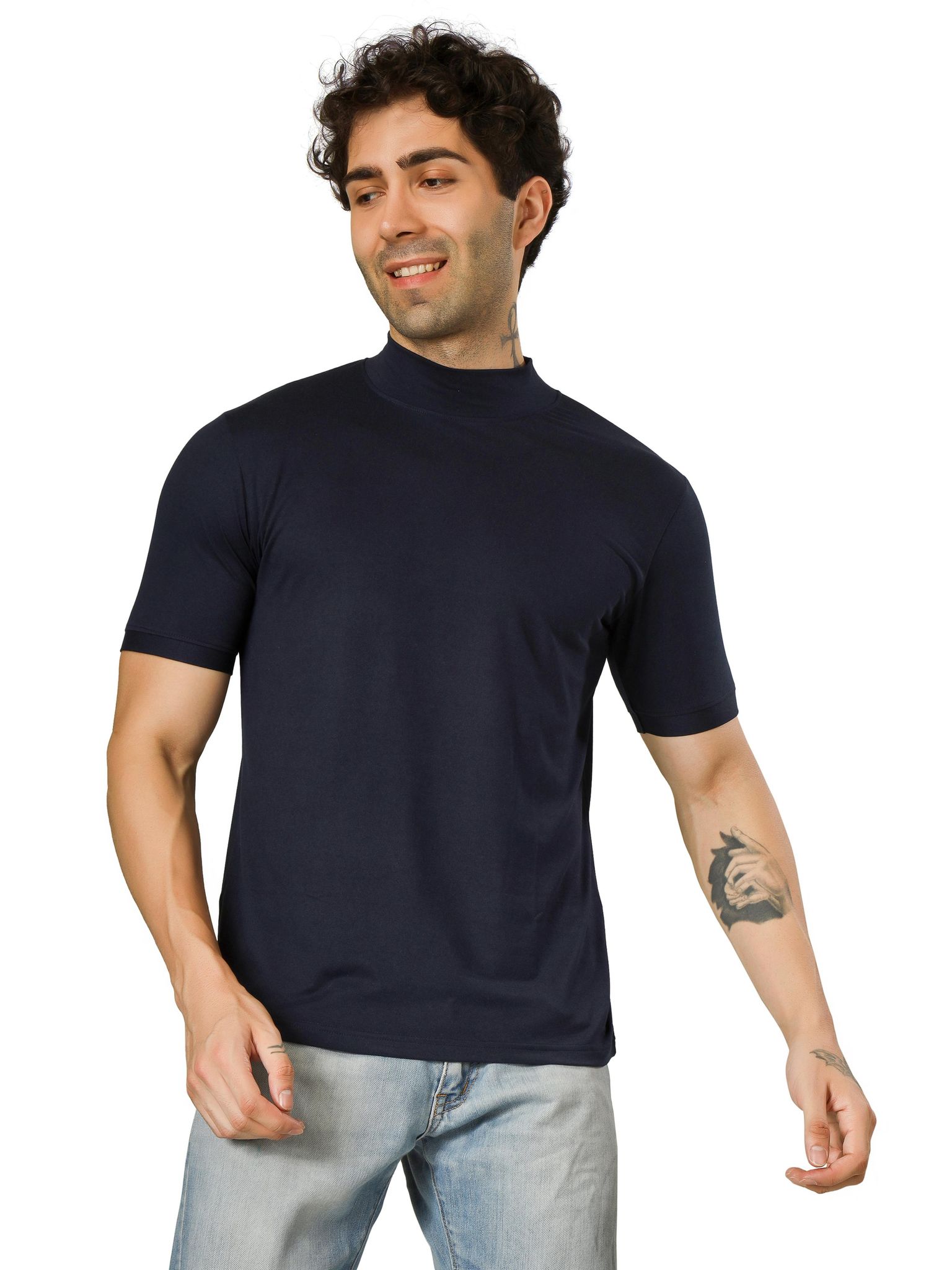 Blueficus Men’s Solid High Neck Cotton Blend T-Shirt | Stylish Casual Wear | Comfortable & Durable Fabric