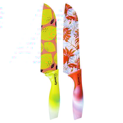Jenefy Ultra Sharp Knife with prints of protective sheath Chef Knife Japanese Santoku Knife with Non stick coating NonSlip Ergonomic Handle & Blade Cover High carbon Stainless Steel Yellow & Red Combo