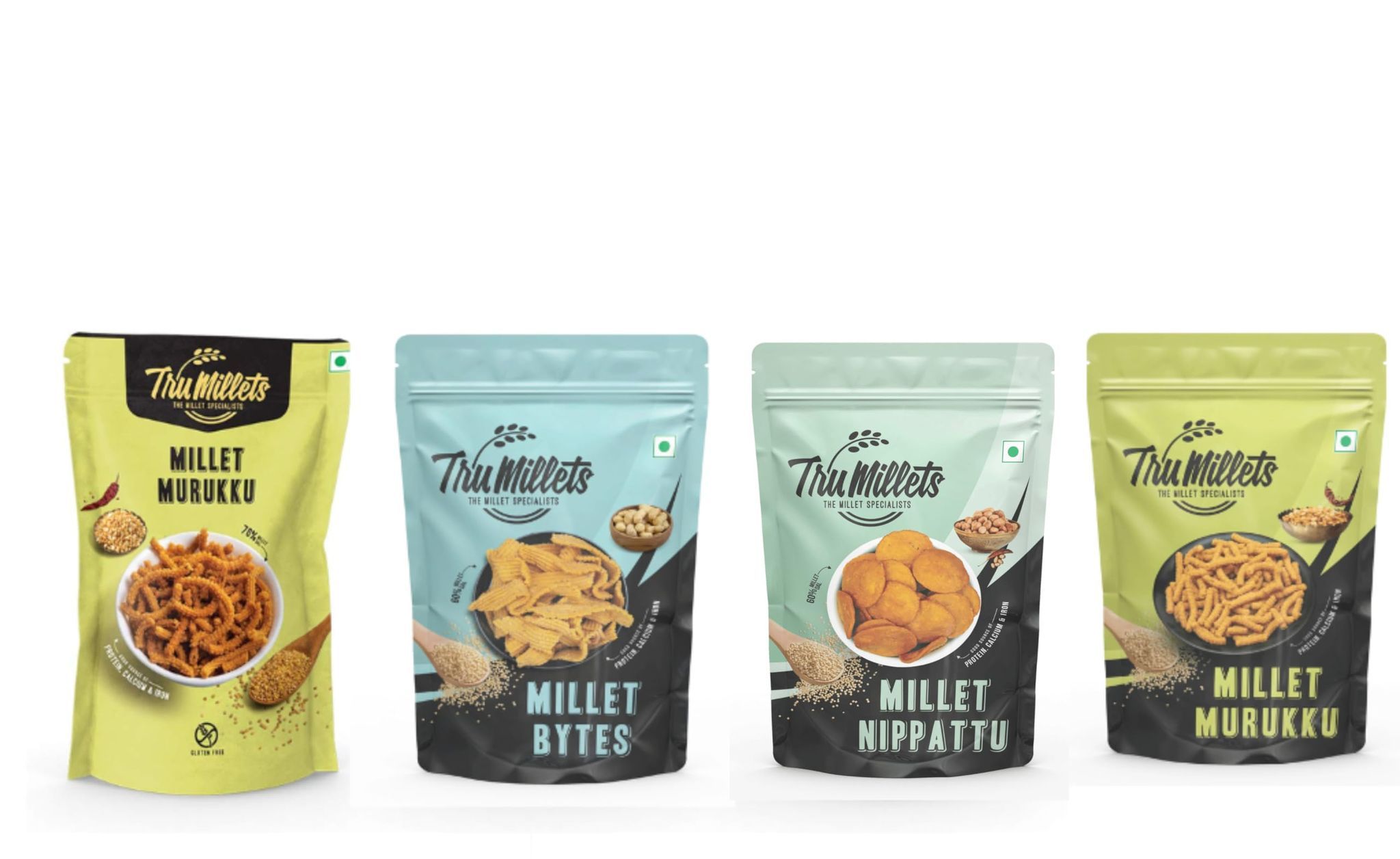 TruMillets Healthy Millet Snack Combo | Namkeen |, Millet Bites, Murukku,Nippatu, Kodbale | No Preservatives | 125g Each (Pack of 4)