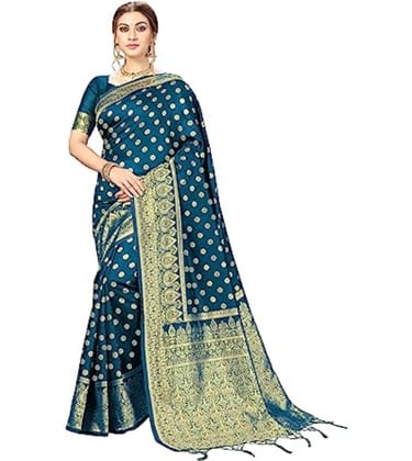 Women's Floral Pattern Jacquard Woven Banarasi Art Silk Saree with Unstitched Blouse Piece (Teal Blue, 5-6mtrs)