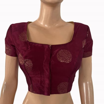 Mashroo Gajji Silk Square Neck Blouse with Golden Butta, Lining and Short Sleeves , Wine Color ,BS1193-S