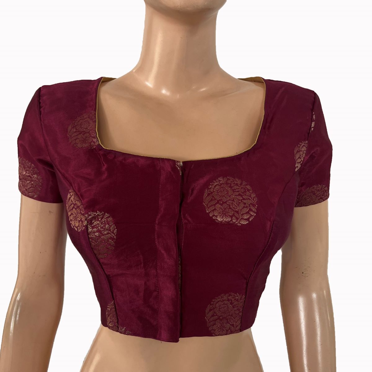 Mashroo Gajji Silk Square Neck Blouse with Golden Butta, Lining and Short Sleeves , Wine Color ,BS1193-S