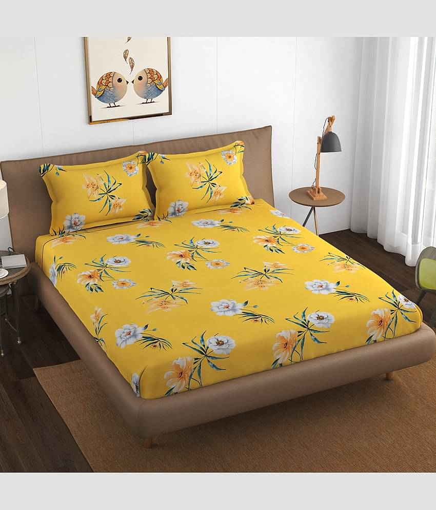 SHOMES Cotton Floral Fitted 1 Bedsheet with 2 Pillow Covers ( Double Bed ) - Yellow