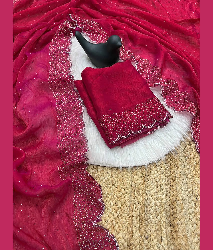 Aika Organza Embellished Regular Saree With Unstitched Blouse Piece ( Rani )