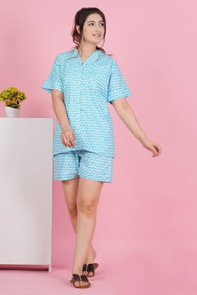 Floral Essence: Blue White Flower Print Half Sleeve Shorts Set-S / Sky Blue / 100% Cotton