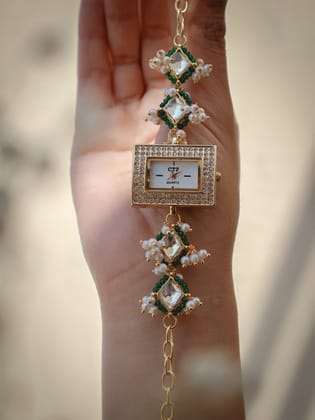 Navya Green Kundan Wrist Watch-Green
