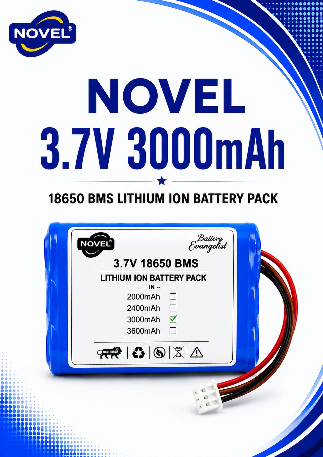 NOVEL 3.7V BMS 18650 LITHIUM ION DUAL BATTERY PACK WITH JST 3PIN- 3000mAh