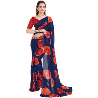 SVB Sarees Womens Blue Colour Floral Printed Georgette Saree SVB Sarees Womens Blue Colour Floral Printed Georgette Saree