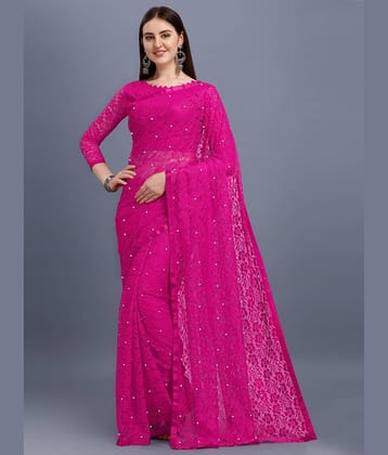 VANRAJ CREATION Net Self Design Saree With Unstitched Blouse Piece ( Rani )