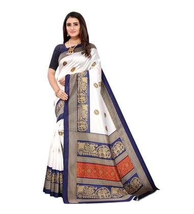 Women's Art Silk Printed Saree with Unstitched Blouse (Navy Blue, 5-6 Mtrs)