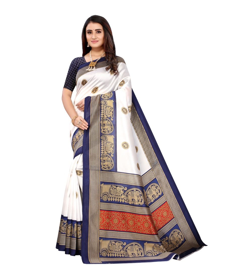 Women's Art Silk Printed Saree with Unstitched Blouse (Navy Blue, 5-6 Mtrs)
