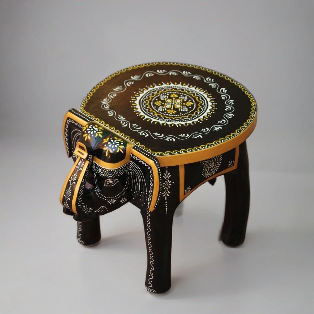 PREET SPICE Hand-Painted Black & Gold Wooden Elephant Stool Table, for Home Decor (38X38X38 CM)
