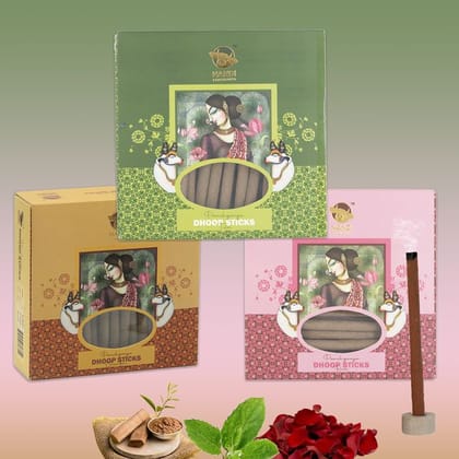 Nandi Panchgavya 100 Percent Cow Dung Dhoop Sticks for Pooja with Stand (Chandan, Tulsi, Rose Fragrance -Pack of 3,150 Sticks)