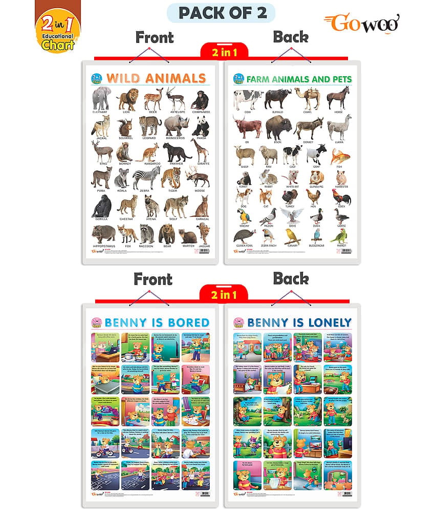 Set of 2 |2 IN 1 WILD AND FARM ANIMALS & PETS and 2 IN 1 BENNY IS BORED AND BENNY IS LONELY Early Learning Educational Charts for Kids|