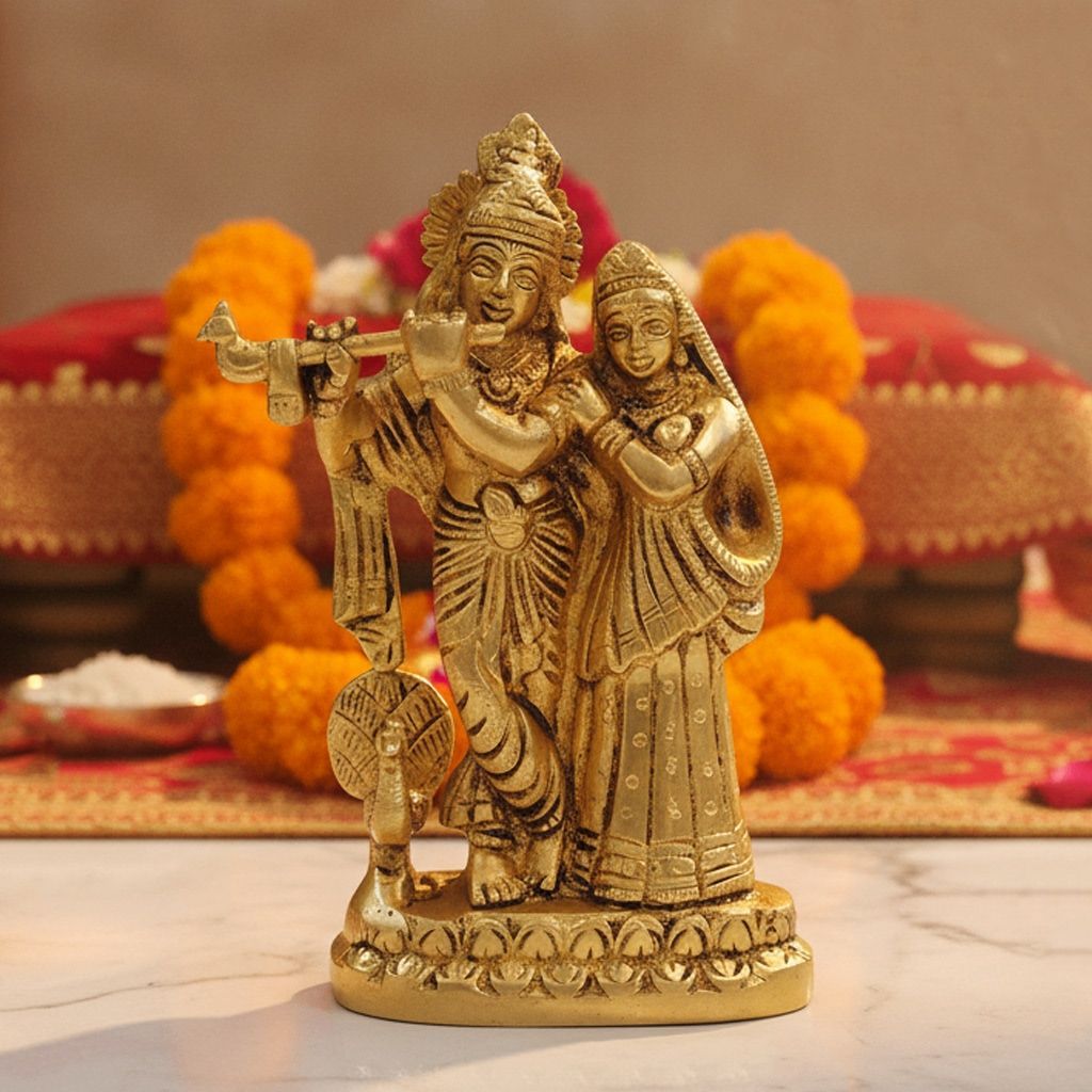 Brass Radha Krishna Idol Statue for Home Temple & Gifting, Height : 6 Inch (BSMAS399 K) - Pooja Needs | Buy online on ZillyBuy