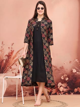 Black Colour Abstract Printed Viscose Rayon Dress For Women-S