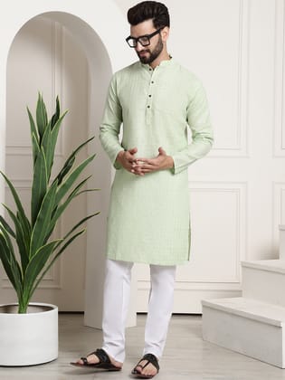 Men's Cotton Blend Checked Green Kurta & Churidar Pyjama Set-36