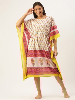 White Printed Kaftan Cover Ups For Women-Free Size