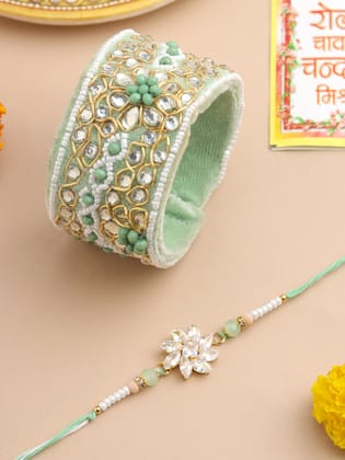 NVR Set of 2 Green Artificial Stones Bhaiya Bhabhi Rakhi With Roli Chawal Chandan & Mishri-One Size / Green