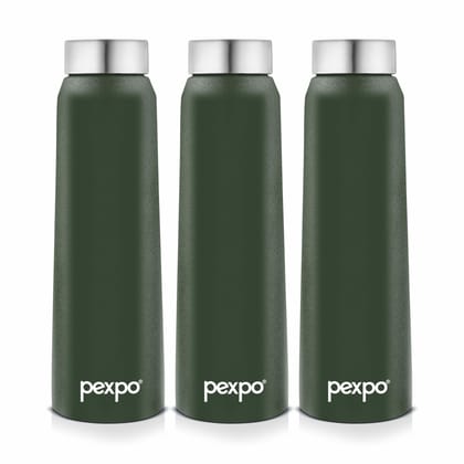 PEXPO Stainless Steel Fridge Water Bottle | 1000ml, Pack of 3, Military Green, Vertigo | Eco-Friendly Water Bottle Suitable For Adults & Kids