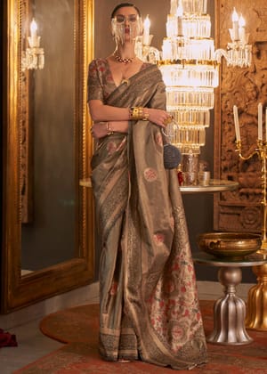 Dark Olive Brown Dual Tone Woven Banarasi Silk Saree