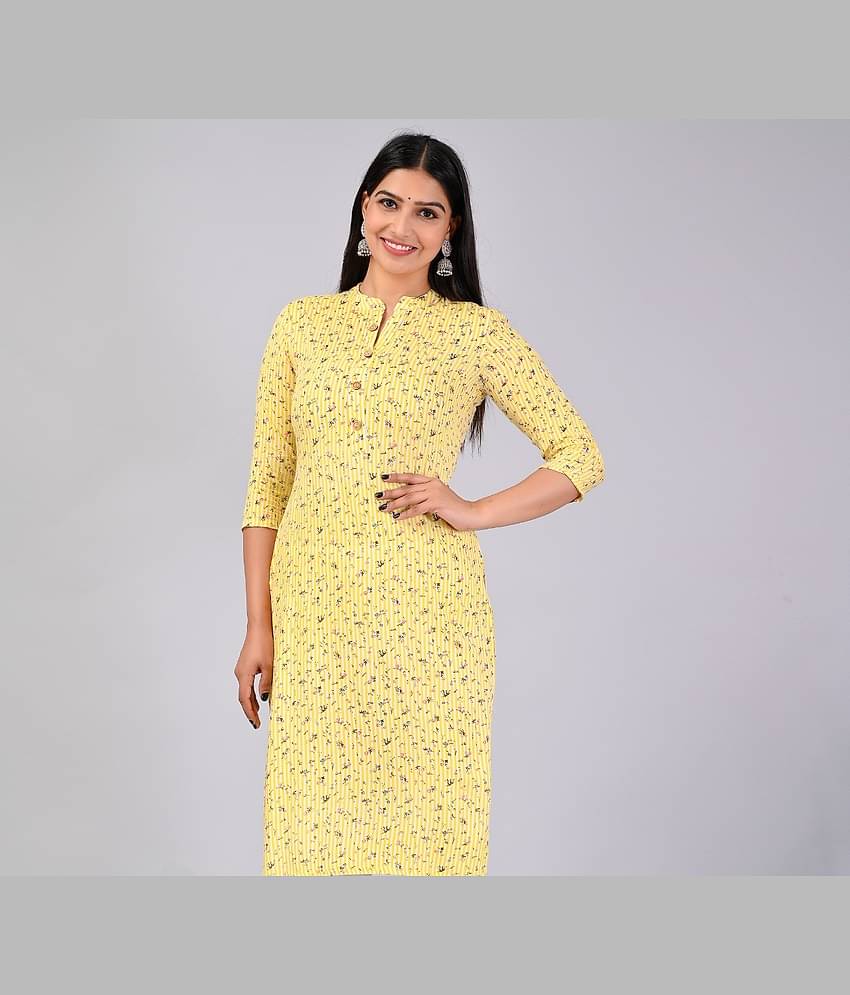 MAUKA Rayon Printed Straight Women's Kurti - Yellow ( Pack of 1 )