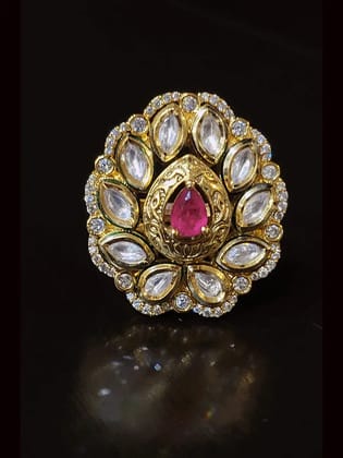 Tear drop stone in center self design kundan adjustable ring with zircon outline-Ruby