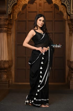 Parampara ~ Pure Mul Cotton Handloom Saree - Black with White Tassels