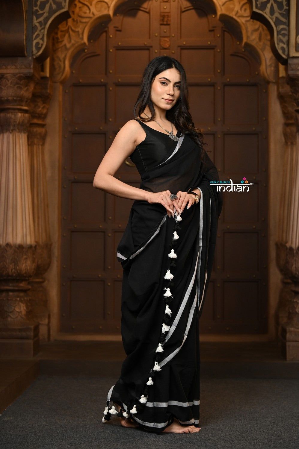 Parampara ~ Pure Mul Cotton Handloom Saree - Black with White Tassels