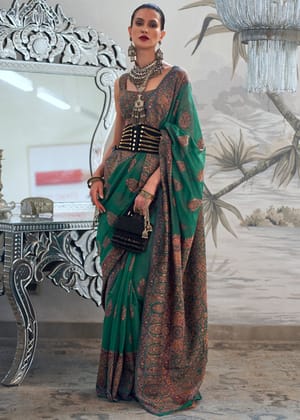 Garden Green Woven Kashmiri Jamewar Modal Silk Saree