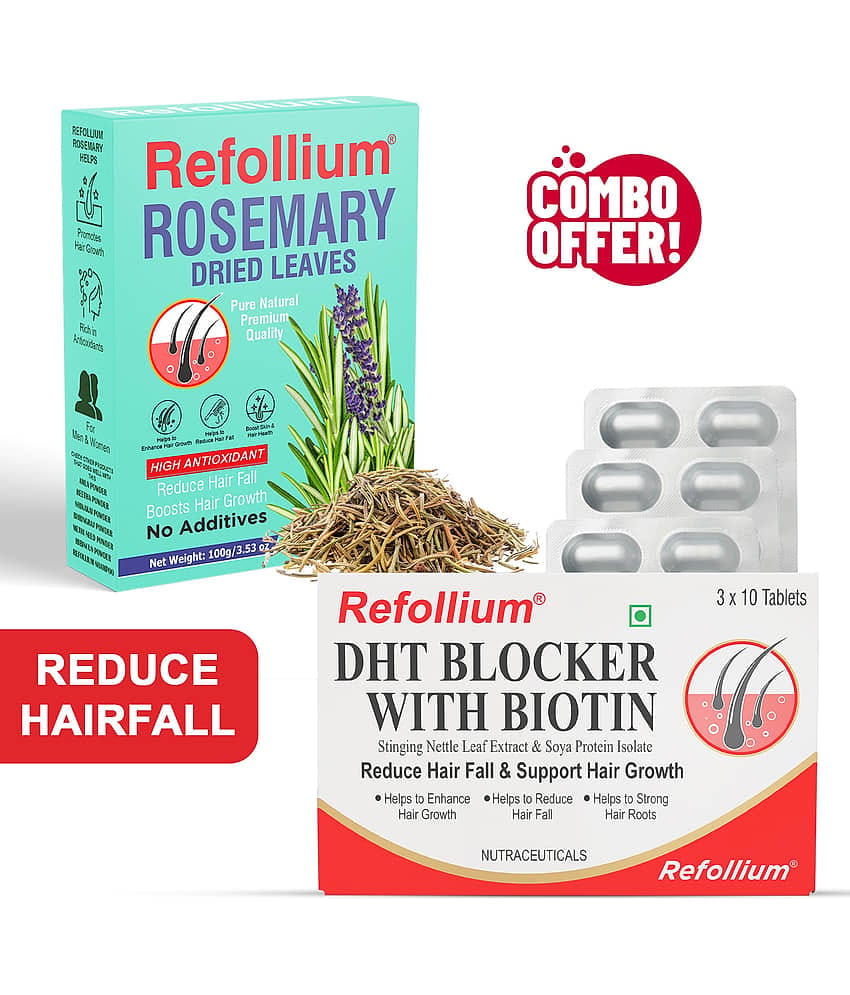 Refollium DHT Blocker 30Tabs with Rosemary Leaves 100g Combo | Hair Growth & Hair Fall Control | For Scalp Care & Hair Nourishment