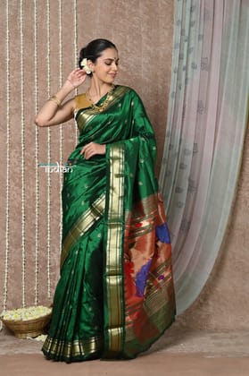 Tyohaar ~ Chandrakor: Handloom Pure Silk Maharani Paithani Saree with Traditional  Pallu ~  Green (By Government Certified Weavers)