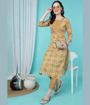 TRAHIMAM Cotton Blend Printed Kurti With Pants Women's Stitched Salwar Suit - Yellow ( Pack of 1 )