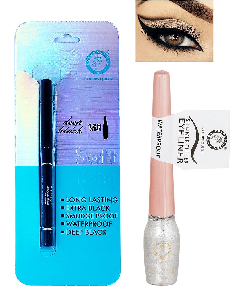 Colors Queen Long Lasting Deep Black Kajal Liquid Black with Eyeliner (Combo of 2)