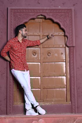 Comfortable Blockprinted Cotton Red Men's Shirt-44