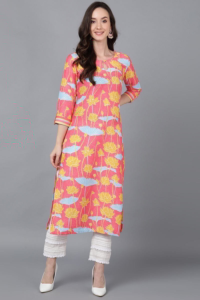 Pink Poly Silk Floral Straight Kurta VCK8787