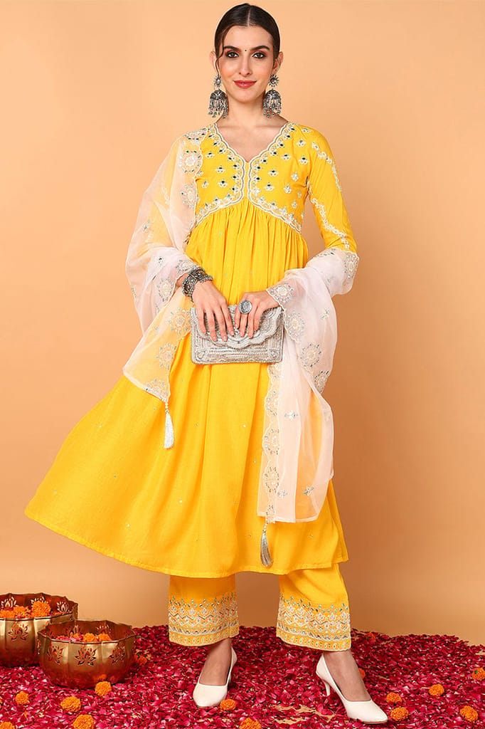 Plus Size Yellow Silk Blend Solid Embroidered Flared Suit Set PKSKD2117 - Kurtas & Kurta Sets | Buy online on ZillyBuy