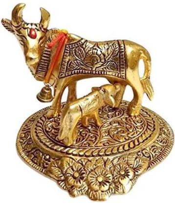 Veda Oxidized Metal Kamdhenu Cow with Calf Handmade Handicraft for Home Decor Gift Item (Golden) Decorative Showpiece - 10 cm  (Brass, Gold)