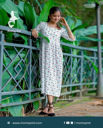 Garden Themed Beautiful White Dress with Lace and Asymmetric Neckline - Half Sleeve