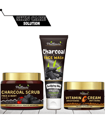 Charcoal Kit -For Glow And Brightening Combo pack of Charcoal Scrub | Face Wash And Vitamin-c Face Cream