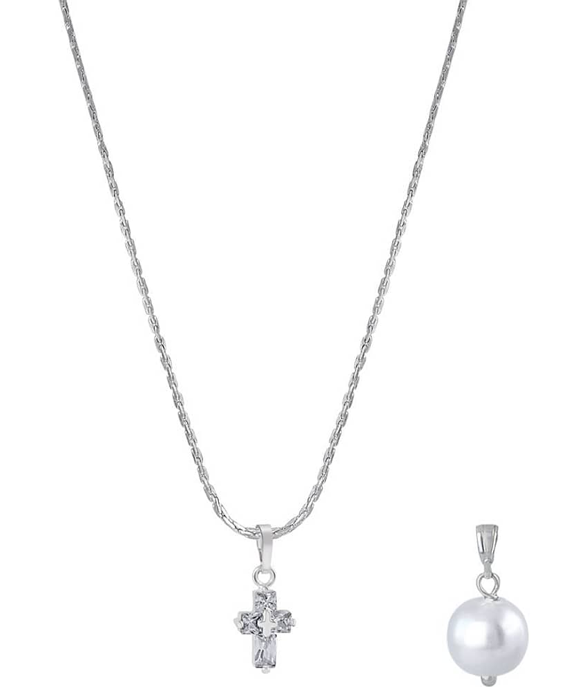 Fashion Combo of Silver Plated Cubic Zircon Cross Solitaire Pendant and Japanese Pearl Pendant with Chain for Women and Girls