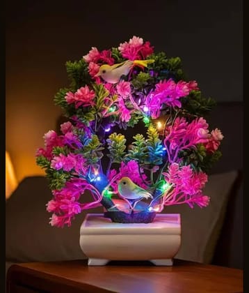 Modo® Charming Pink & Green Artificial Plant With LED Light & Pairs of Cute Sparrow for your Living Room, Dinning Room & Office Table